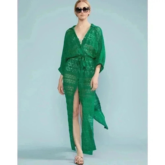 Beach Coverup Medium Lace Drawstring Kaftan Maxi Shirt Dress Swim $295 NWT Green - Picture 1 of 10